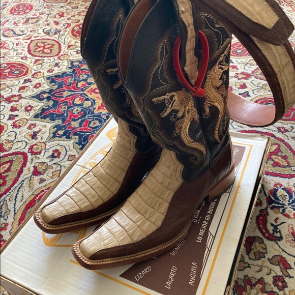 Caiman/Leather Cowboy Boots with matching belt sz 30 - Picture 2 of 4